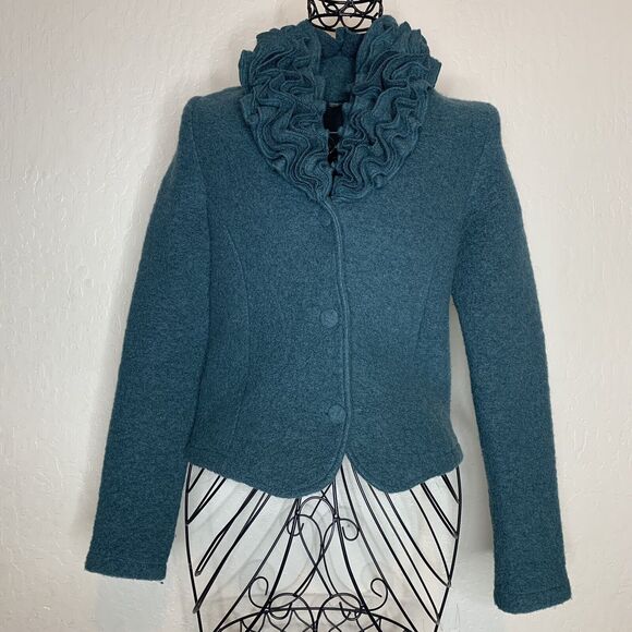 Lana Green Felted Wool Blend Ruffle Collar Cardigan Womens Size XS - Picture 1 of 5